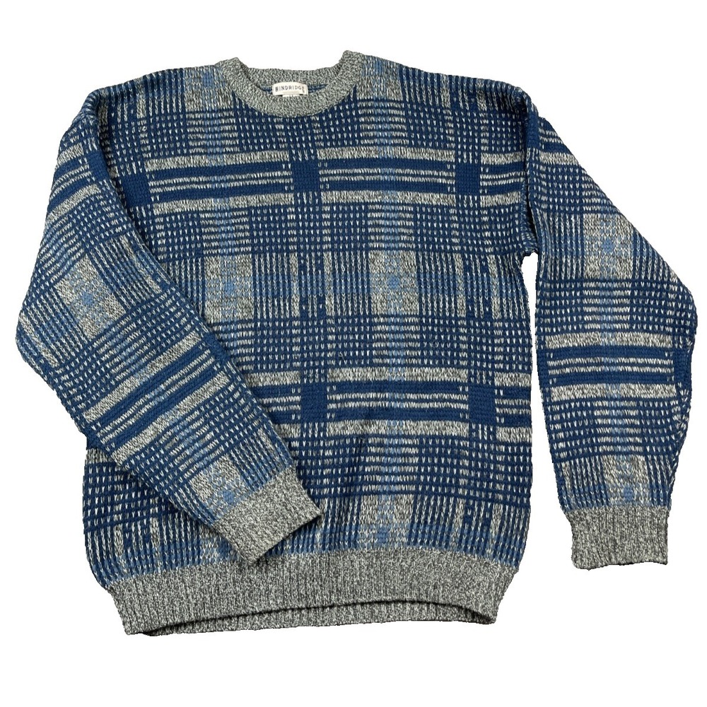Vintage Windridge Pullover Sweater Mens Large Gray Plaid Geometric 80s 90s Retro